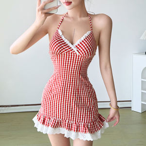 Minivestido de mujer para el verano 2026, ecológico, informal, a cuadros, con bloques de color, cuello en V, halter, lazo, empalme de encaje, cintura natural, corte A, favorecedor - Product Image 5