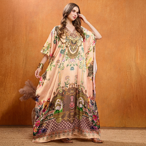 Wholesale Designer Turkish Style <b>Kaftan</b> Kurta Women Polyester Handmade Batwing Sleeves V Neck Regular Fit Flared Hem Breathable - Product Image 1