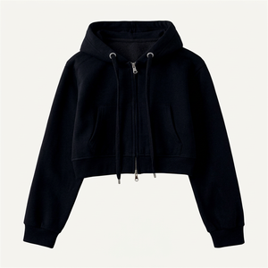 Sudadera Corta con Capucha para Mujer, Color Negro, Manga Larga, Tejido de Algodón, para Otoño, con Cierre de Cremallera - Product Image 1