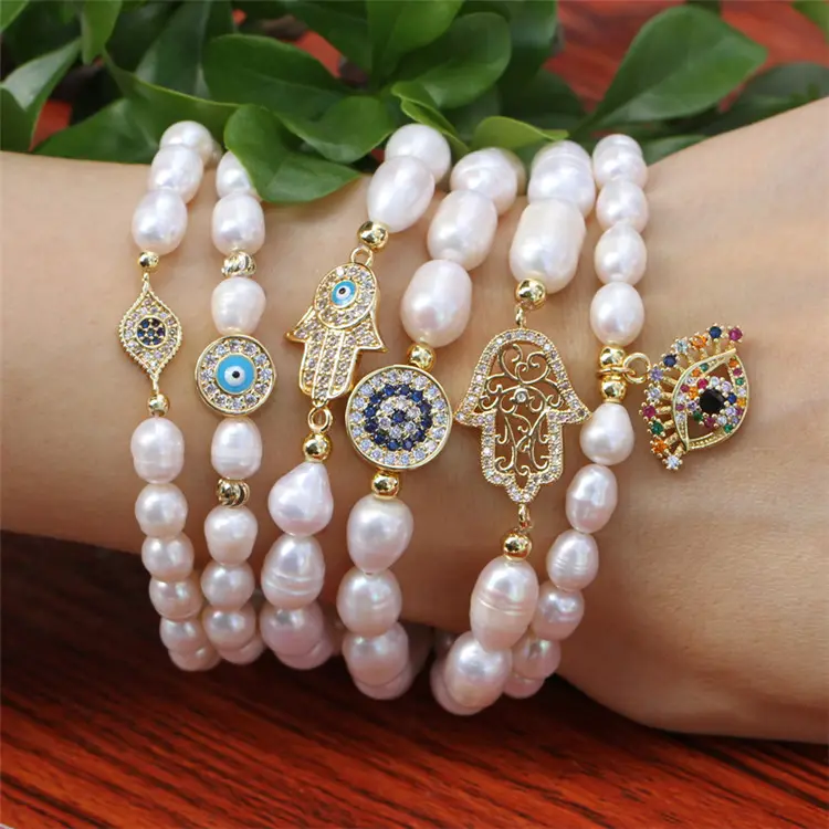 New Trendy Freshwater Pearl Bracelet Turkish Blue Eyes/Tree Of Life/Angel Heart/Fatima Hand Charms Bangles Jewelry For women