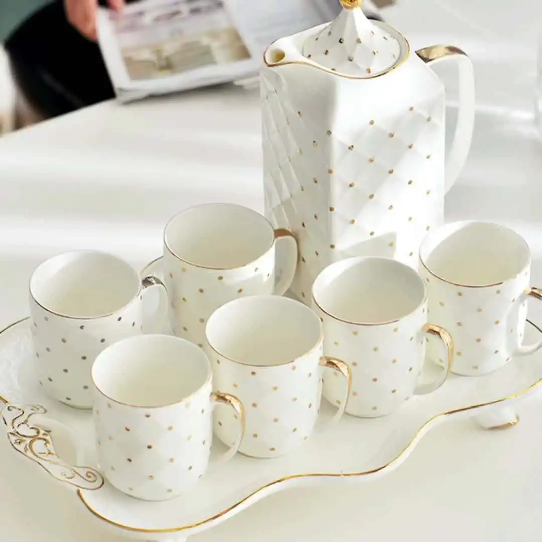 Оптовая продажа, Европейский роскошный набор чайных чашек, 6 чашек, изысканный золотой ободок и точечный керамический элегантный чайный сервиз