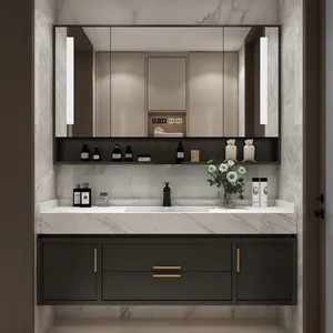 Moderno madera granito moderno pequeño baño vanidad diseño espejo fregadero muebles de baño gabinete