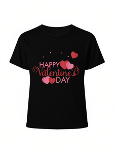 T-shirt stampata Happy Valentine's Day da donna, manica corta, girocollo, vestibilità rilassata, casual, 100% cotone jersey, per tutte le stagioni - Product Image 1