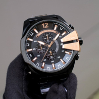 Montre à quartz en acier inoxydable tendance, personnalisable avec logo, étanche, grand cadran noir, chronographe sport multifonction, vente chaude