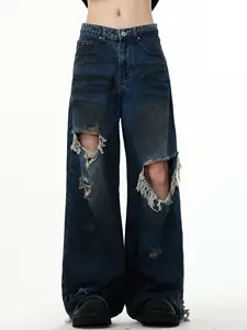 High Quality Custom Washed Vintage Unisex Custom Denim Wide Leg Hole Pants Baggy Jeans Man Men'S Jeans Men