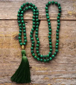 Boho ลูกปัด108ลูกปัด Malas Malachite พู่ยาวพระพุทธเจ้าจิตวิญญาณ8มม. ลูกปัดสร้อยคอเส้นใยเครื่องประดับโยคะทำด้วยมือ