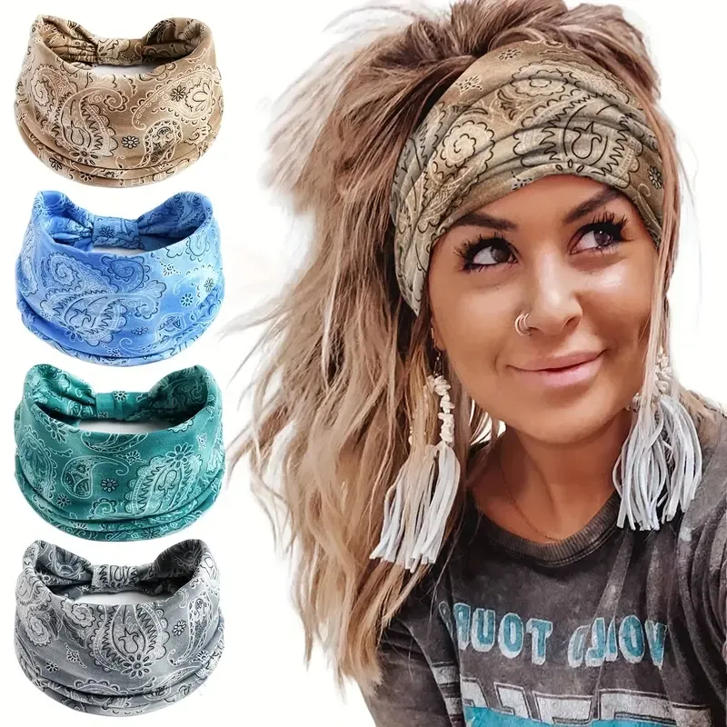 Boho stampa Paisley fascia elastica elastica per la testa e la fascia sportiva con copricapo annodato incrociato accessori per capelli Yoga