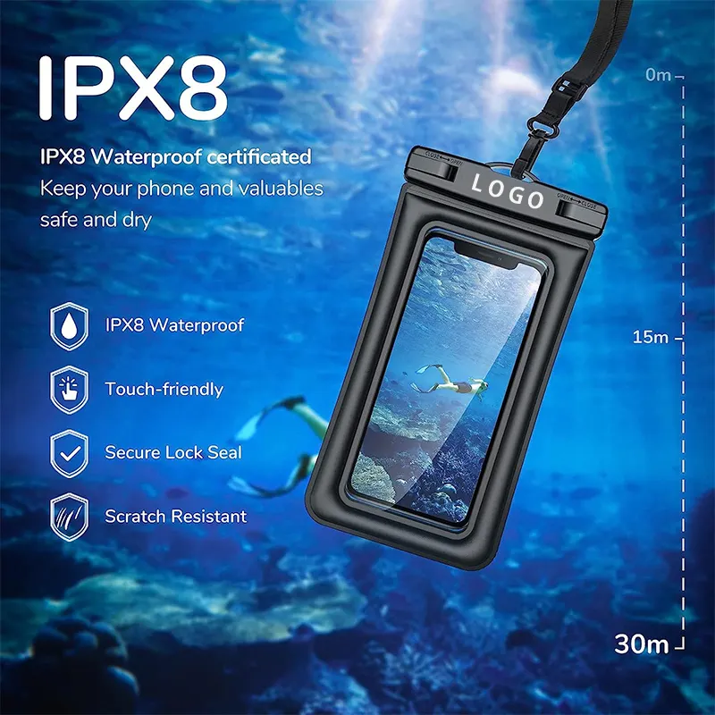 Casing ponsel Logo kustom IPX8 berenang PVC, kantung ponsel tahan air mengambang Universal