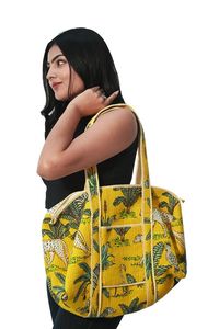 กระเป๋าทรงดัฟเฟิลบล็อกพิมพ์ลายกระเป๋าสะพายไหล่สีเหลืองสำหรับผู้หญิงกระเป๋าถือชายหาดสไตล์โบฮีเมียน - Product Image 2