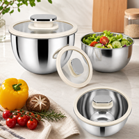 Bol à salade en acier inoxydable de style européen, bassine de pétrissage transparente avec base en silicone antidérapante, couvercle hermétique emboîtable, bol de cuisson