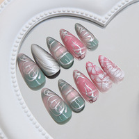 Faux ongles à presser forme amande rose argenté effet métal liquide marbré papillon, ongles acryliques chromés réutilisables, vente en gros