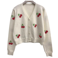 Cardigan court en maille jacquard à col en V, motif cerises dispersées, couleur ivoire, manches longues, pour marques privées