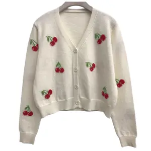Women's Embroidered Blouse Designs Cherry Pattern Cropped Knit Cardigan Button Long Sleeve Top Female Korean Fashion Clothing