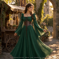 Robe médiévale et Renaissance personnalisée pour femme, col carré, corset à lacets, manches cloche évasées, robe longue, OEM ODM Marque Privée