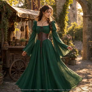 Robe médiévale et Renaissance personnalisée pour femme, col carré, corset à lacets, manches cloche évasées, robe longue, OEM ODM Marque Privée - Product Image 4
