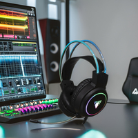 Headset Gaming Over-Ear Double Headband dengan Lampu Logo, Stereo, Kabel, untuk Gamer
