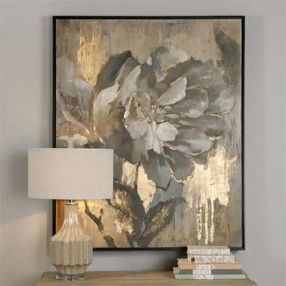 JS Hand painted Beautiful flower gold foil wall art oil painting framed home goods for home office restaurant decor