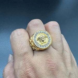 Men's Gold Plated <b>Titanium</b> Steel <b>Ring</b> With Lion Head And Diamond Pave Setting For Hip Hop Fashion Jewelry Gift - Product Image 4