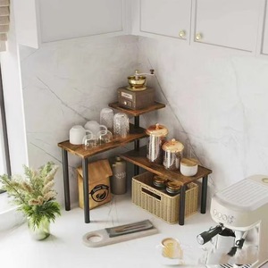 Multi Tiered <b>Corner</b> <b>Storage</b> Rack 3 Tier Wood <b>Kitchen</b> Countertop Organizer With Basket For Food And Spice <b>Storage</b> - Product Image 2