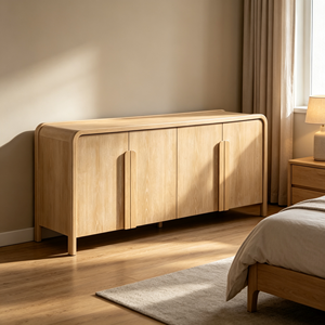 <span class=keywords><strong>Buffet</strong></span> minimaliste Japandi en bois massif avec 4 portes, coins arrondis, armoire de rangement en chêne, meubles pour salle à manger et salon - Product Image 1