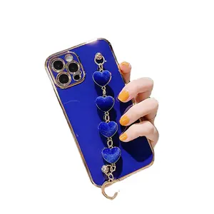 Mobile Accessories With Plush Love Wrist Band Hot Selling 6D Plating Purple Colors Phone Case for iPhone 14 Pro Max 15 Plus