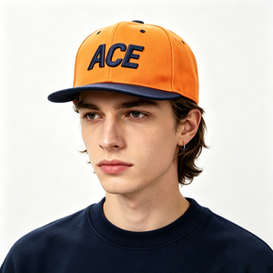 Gorra de Béisbol Hip Hop de 6 Paneles con Visera Plana, Logotipo Bordado en 3D en Dos Tonos Naranja y Azul Marino, 100% Lona de Algodón, Unisex, Cierre a Presión - Product Image 1