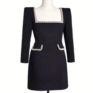 2025 elegante abito <span class=keywords><strong>corto</strong></span> da donna con collo quadrato a manica lunga Casual per l'estate autunno inverno sera femminile con elastico in vita - Product Image 1