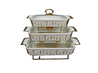 Ensemble de 3 ustensiles de cuisson en céramique : cocotte, plat à four, réchaud à alcool avec support doré