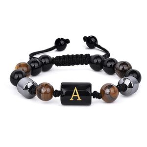 Initial Bracelet à breloques de mode pour hommes fait à la main avec oeil de tigre obsidienne <span class=keywords><strong>hématite</strong></span> <span class=keywords><strong>pierre</strong></span> de lave perlée lettre initiale - Product Image 1
