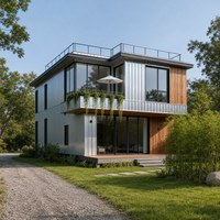 Maison conteneur portable en structure acier avec espace de vie sur deux niveaux, terrasse sur le toit et escalier