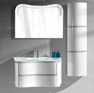 Kabinet furnitur set kamar mandi melengkung rumah cermin Led layar sentuh terpasang di dinding gaya Jerman Modern dengan wastafel - Product Image 1