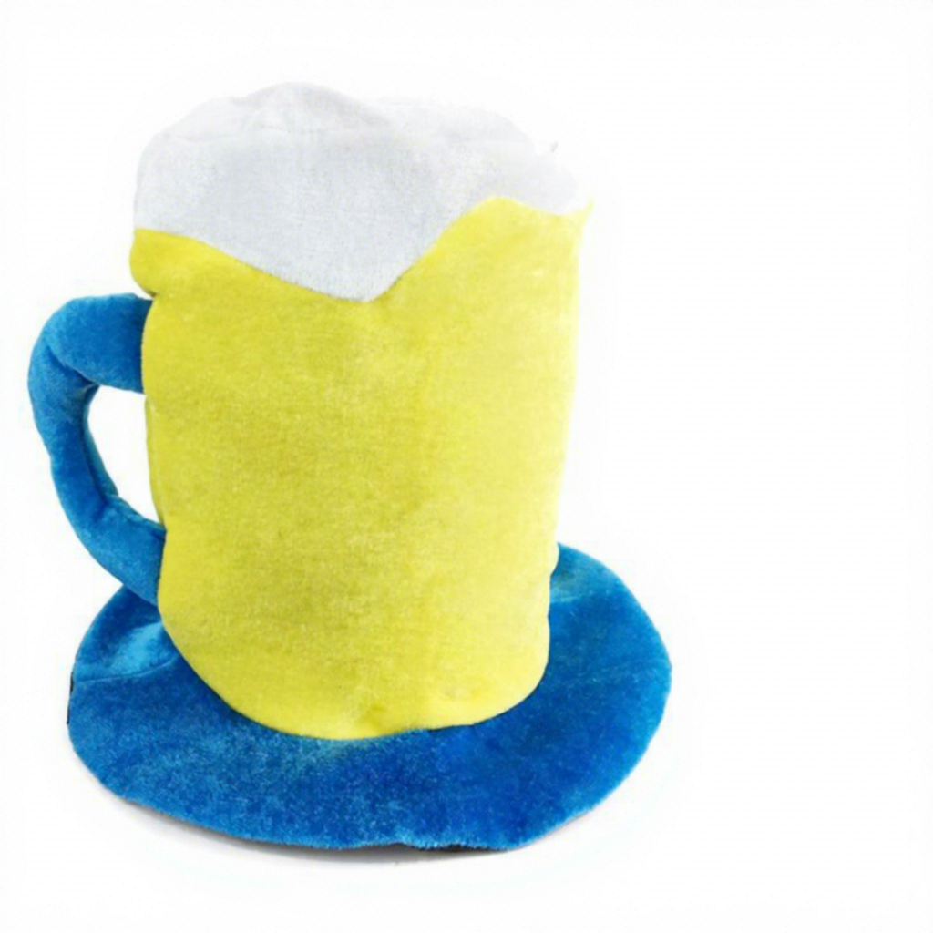 Gorro de fiesta con forma de jarra de cerveza, color amarillo.