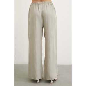 Pantalones Anchos de Lino para Mujer, Cintura Elástica, Cintura Alta, Transpirables, Casuales, Color Caqui - Product Image 1