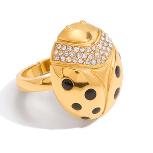 Anillo de mariquita chapado en oro con puntos negros y circonitas blancas engastadas para mujer, regalo de joyería - Product Image 5