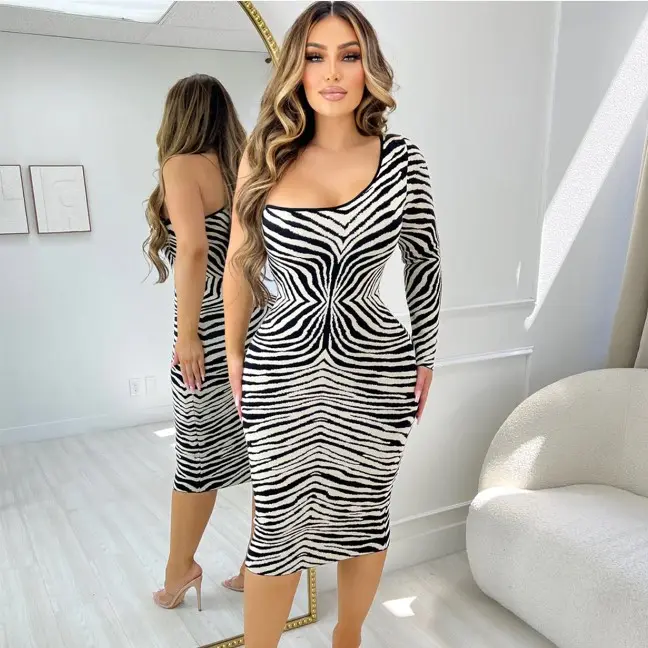 X08715C kadınlar Zebra çizgili bir omuz uzun kollu doğum günü Bodycon Midi elbise 2023 kış akşam parti elbiseler