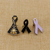 Vente en gros directe usine : Badges en métal moulé sous pression, ruban rose et noir de sensibilisation au cancer du sein, impression typographique personnalisée