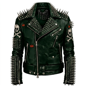 Chaqueta de cuero verde punk para hombre con púas, parches de calaveras, cierre de cremallera, cuello vuelto, acolchado de poliéster para otoño - Product Image 1