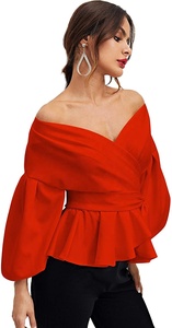 MANNI Manica Lunga Con Scollo A V Volant Camicetta Off Spalla Borgogna Delle Donne Camicette - Product Image 6