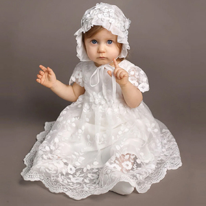 Chất lượng cao dài màu trắng bé gái Rửa Tội ăn mặc sơ sinh christening Gown sinh nhật Wedding ren Dresses với nắp ca-pô - Product Image 1
