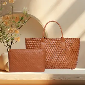 2024 New Fashion Luxury Ladies Large Capacity Woven Bag Handbags Pu Leather Neoprene Woven Tote Bag