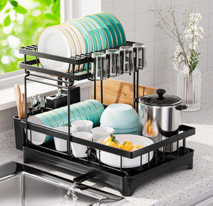 2-Tier Dish Drying Rack With <b>Drainer</b> Board Large Capacity Kitchen Cutlery Storage Organizer with Utensil Holder - Product Image 1