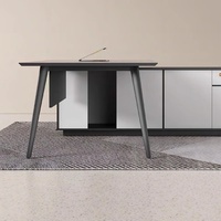 Ensemble de bureau de direction moderne blanc, table de patron minimaliste de luxe avec armoire latérale et combinaison de chaise ergonomique