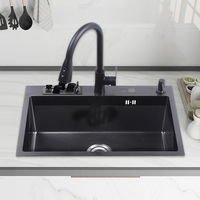 Vente en gros d'évier de cuisine multifonction moderne à encastrer en acier inoxydable 304 Nano noir à cuve unique évier de cuisine fait à la main