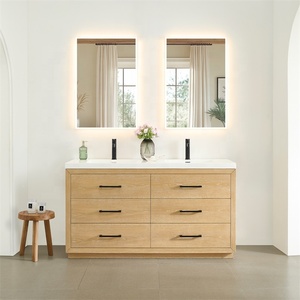 Tocador de baño moderno de madera Lavabo doble independiente Lavabo Tocador de baño en <span class=keywords><strong>roble</strong></span> <span class=keywords><strong>claro</strong></span> con parte superior de tocador de cuarzo blanco - Product Image 5