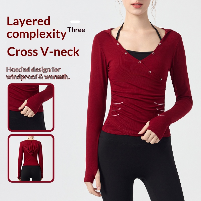 Women Cross V Neck Yoga Long Sleeve Versatile Breathable Waist Cinching Slim Pilates Workout Top