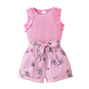 0-4T Sets for <strong>Girls</strong> <strong>Ruffled</strong> Sleeveless Summer <strong>Girls</strong> Clothing Set Solid Pit Strip Vest Floral Print <strong>Shorts</strong> Toddler Kids Clothes - Product Image 1