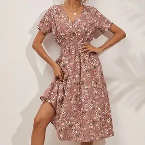 2022 foreign trade women's European and American summer small floral print short-sleeved dress casual dress