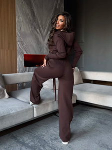 Conjunto de chándal de punto marrón oscuro para mujer, Top corto con cremallera y pantalones de pierna ancha, ropa de calle informal, traje de 2 piezas de longitud corta - Product Image 2
