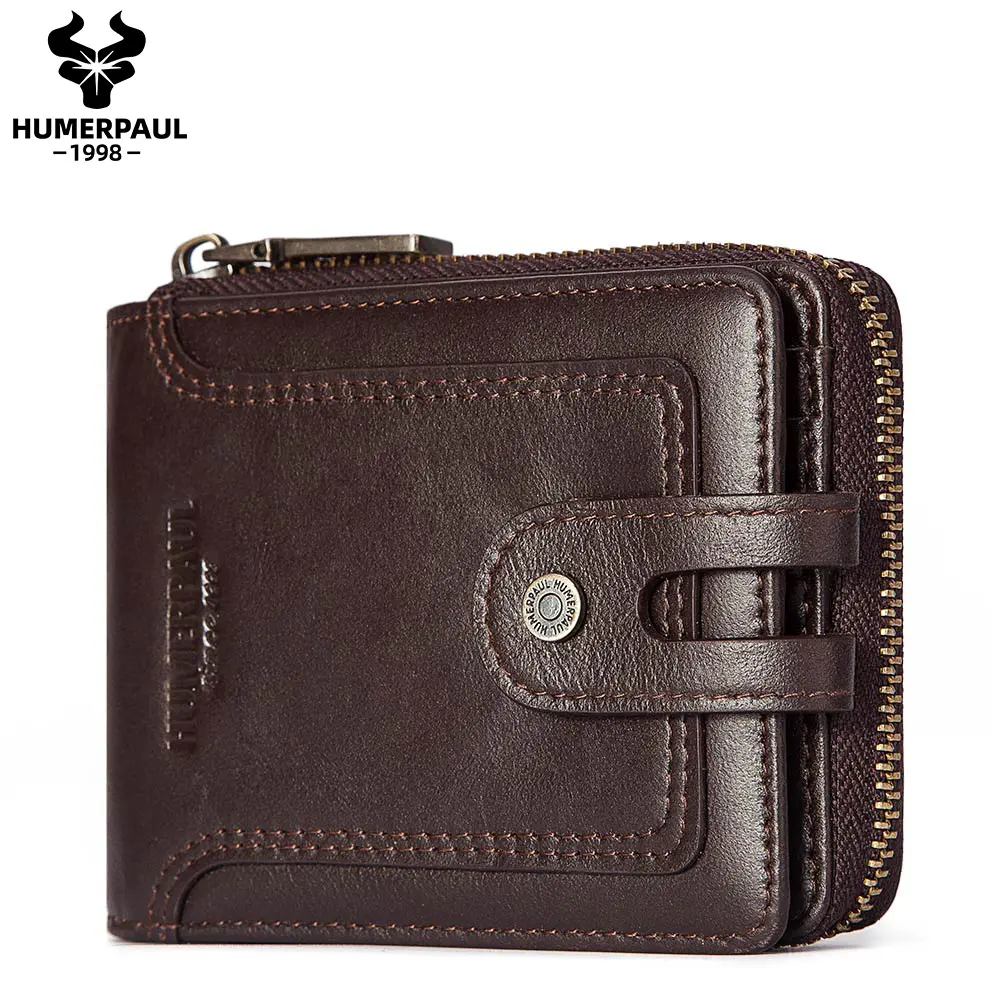 TS dompet kulit asli klasik untuk pria, dompet kulit asli pemblokir RFID, dompet kartu kredit kapasitas besar dengan saku koin