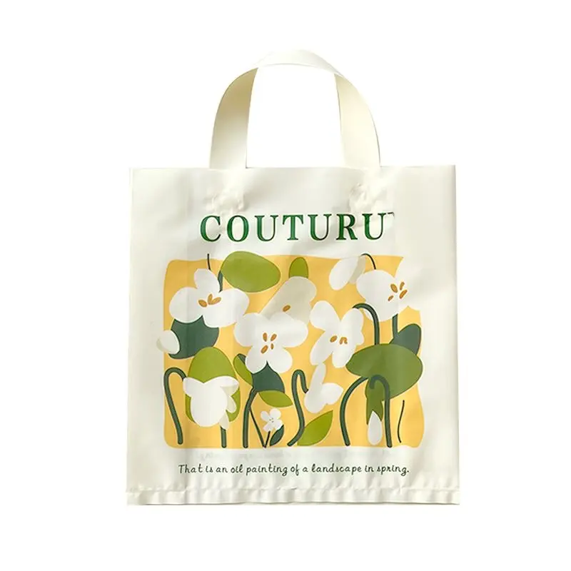 Toptan yeniden kullanılabilir parlak çiçekler Logo ile alışveriş çantası plastik sap tasarımı ile özel